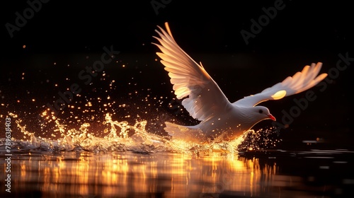 A white water bird soars over a dark lake at night