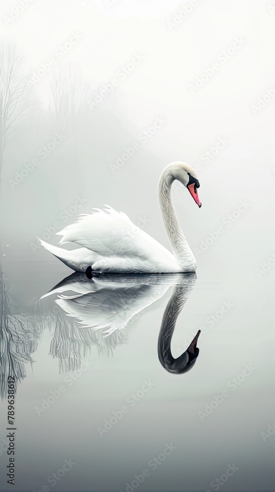 Obraz premium a beautiful white swan gracefully gliding on calm waters, its reflection mirrored below, in a stunning display of minimalist photography, rendered in high definition.