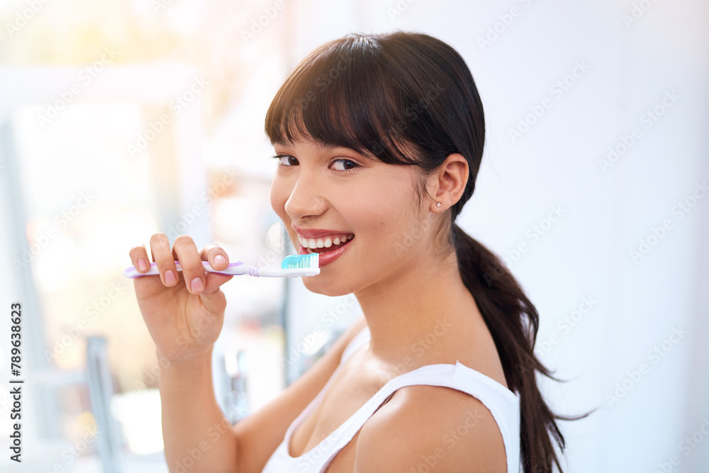 Woman, portrait and toothbrush for health in bathroom, oral and dental care on morning routine. Female person, smile and clean mouth in home, teeth whitening and cosmetics for wellness or self care Woman, portrait and toothbrush for health in bathroom, oral and dental care on morning routine. Female person, smile and clean mouth in home, teeth whitening and cosmetics for wellness or self care
