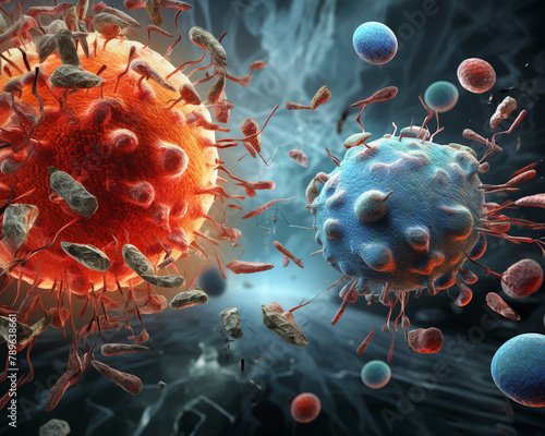 Conceptual artwork of a fierce battle between aggressive cancer cells and medical nanoparticles, symbolic colors used