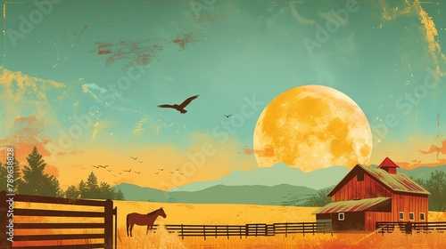 A beautiful landscape image of a farm with a red barn, a horse, and a large moon. photo