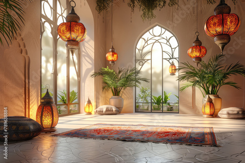 A serene meditation space with hanging lanterns, plants in vases and arches, windows in the style of arabian style, light beige walls. Created with Ai