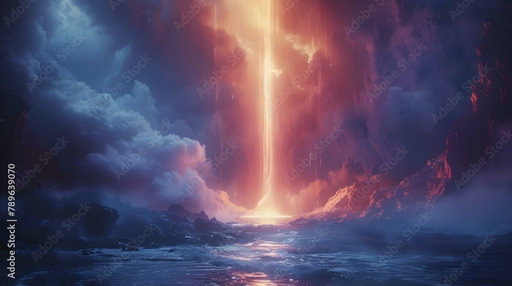 Beacon of Hope Amidst Fantasy Gorge. Concept Fantasy Gorge, Beacon of Hope, Magical Enchantment, Light Against Darkness