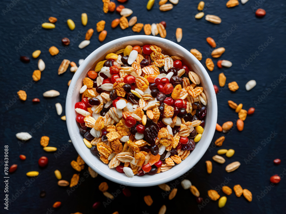 Cereales en bol, mezcla variada de cereal, alimentación saludable Cereales en bol, mezcla variada de cereal, alimentación saludable