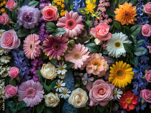  A vibrant display of various flowers  including daisies and roses in pink  orange  yellow  purple and blue colors. Created with Ai