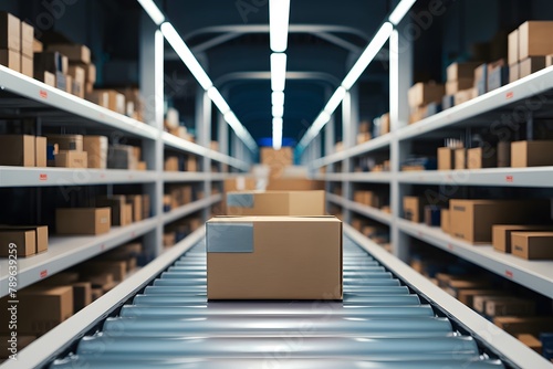 StockImage Logistics efficiency conveyor belt moves boxes in close up view