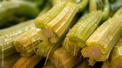 Fresh organic celery stalks close up. Healthy eating, vegan food concept. photo