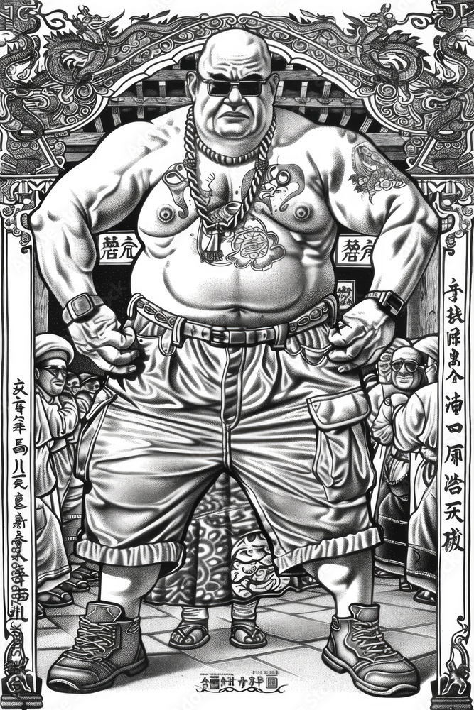 Fototapeta premium A detailed black and white drawing of a powerful sumo wrestler in traditional mawashi attire, ready to engage in a match