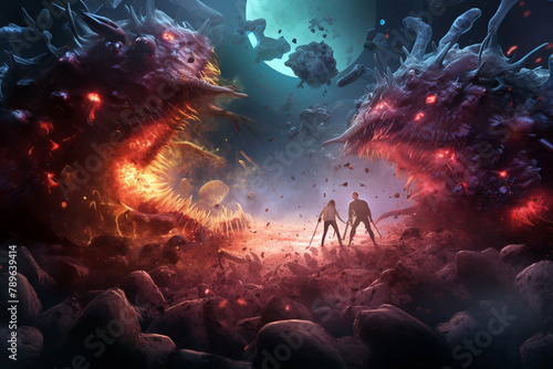 Digital artwork depicting a stylized battle between pathogenic and beneficial bacteria, dramatic lighting and colors