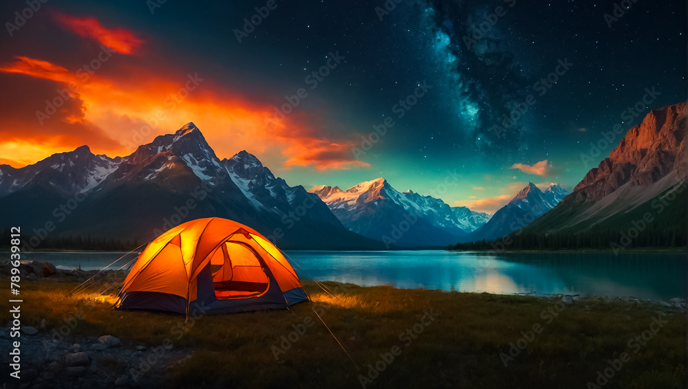 Tent tourist night, mountains resting