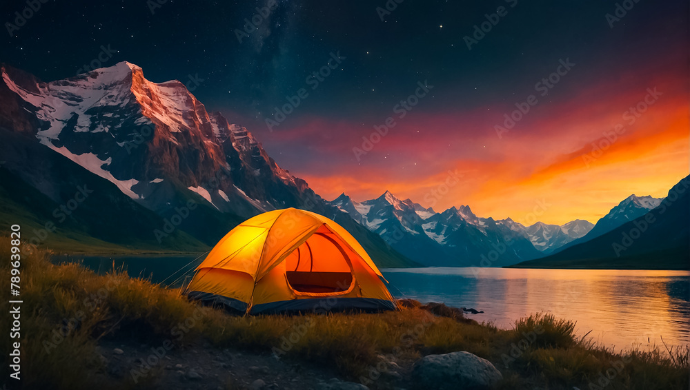 Tent tourist night, mountains beautiful