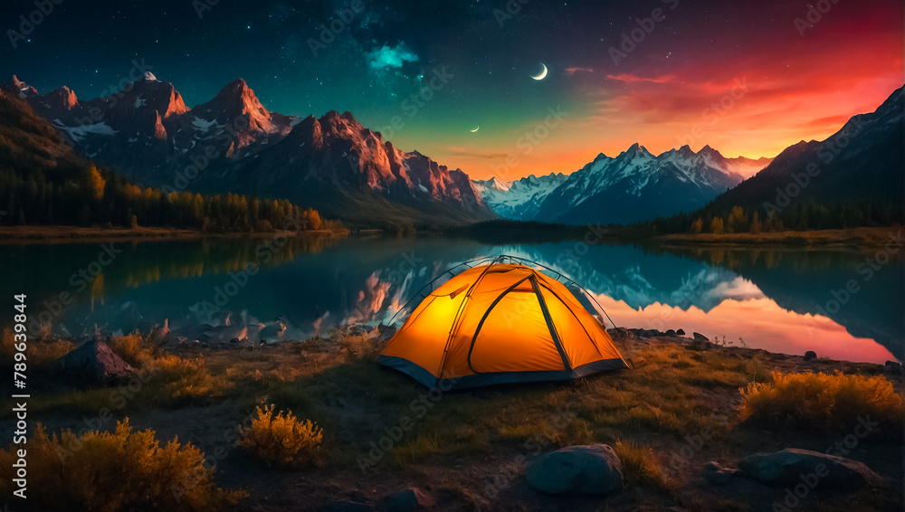 Tent tourist night, mountains vacation Tent tourist night, mountains vacation