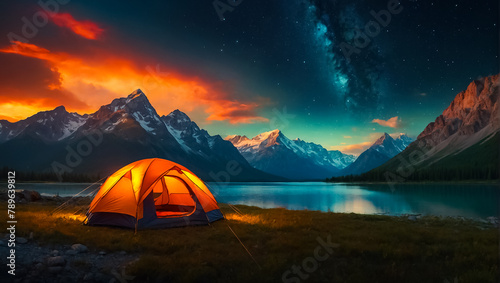 Tent tourist night, mountains resting