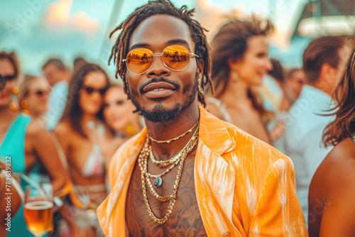 A man in sunglasses enjoys a yacht party