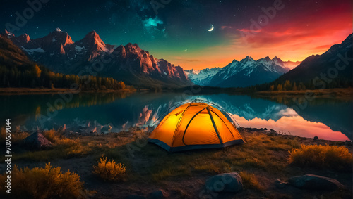 Tent tourist night  mountains vacation