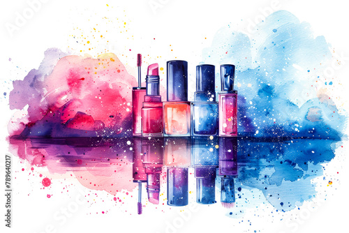 Cosmetics and makeup: lipsticks and nail polishes on a white background with vibrant blue and pink watercolor splashes. Copy space. Makeup artist and decorative cosmetics concept.