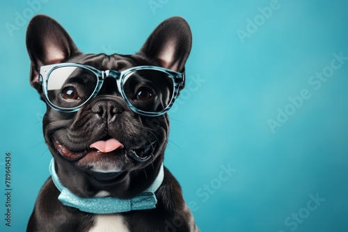 Adorable french bulldog wearing stylish blue glasses on blue background with ample copy space