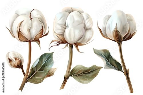 Cotton Plant Boll Realistic Set. Ripe cotton boll opened seeds case realistic set of 3 plant parts isolated vector illustration . photo