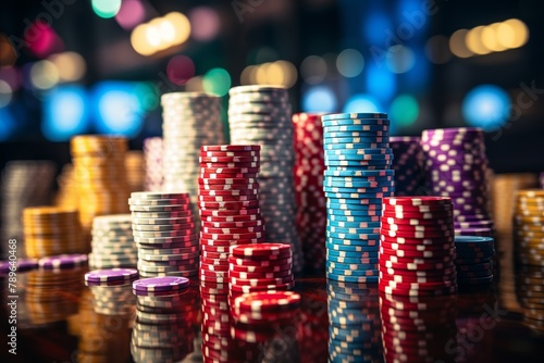 Colorful casino chips stacked on blurred background with various denominations and values