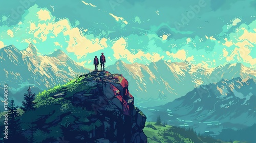 Pixelated mountain trek, hikers, backpacks, and panoramic views