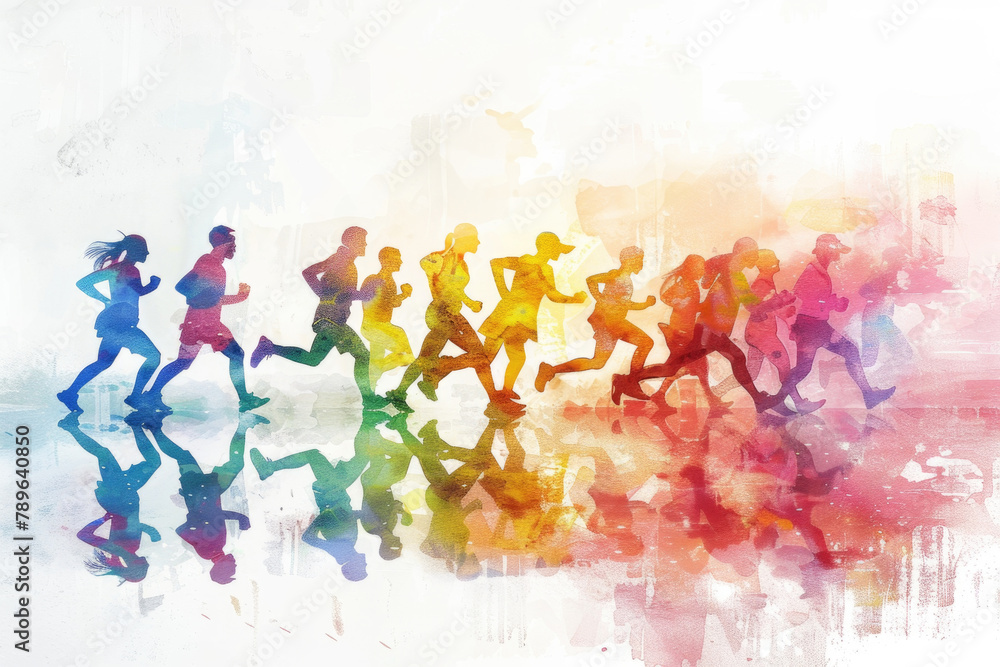 A group of individuals sprinting across a vibrant field with rainbow-colored stripes, showcasing energy and movement