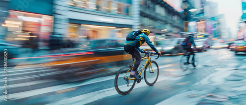 Competitive cyclists speed through bustling urban streets, showcasing their skills in an adrenaline-fueled race.