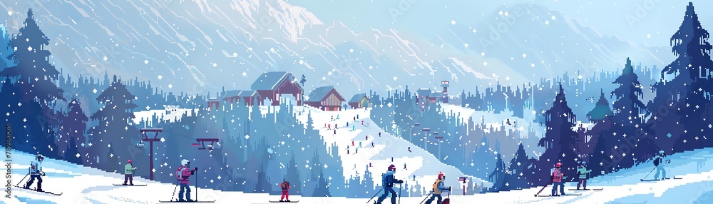 Pixelated winter sports scene, ski slopes, skiers, and snowboarders
