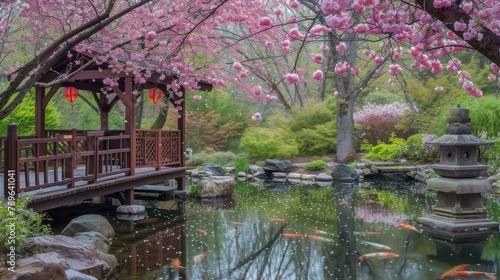 A tranquil Japanese garden in spring, featuring a wooden bridge over a koi pond surrounded by blooming cherry trees and traditional lanterns. Resplendent.