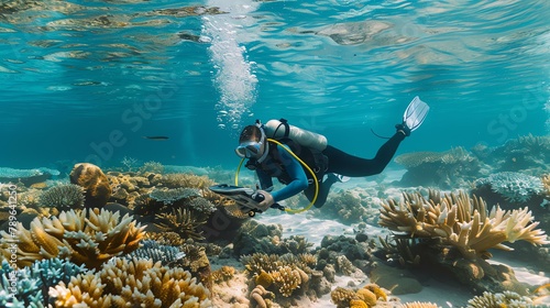 Underwater view of a scuba diver exploring a coral reef. The diver is wearing a wetsuit and a mask, and is carrying a camera. photo