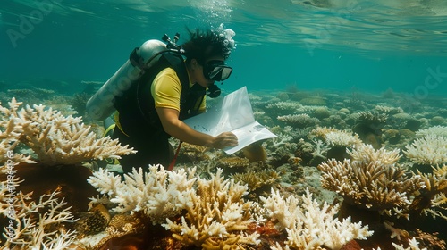 Underwater image of a scuba diver in yellow wetsuit fins and mask examining and taking notes of a coral reef.