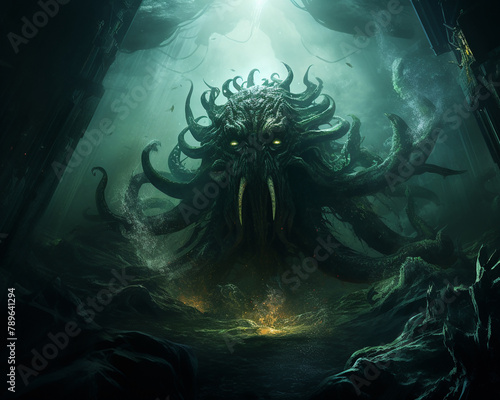Dramatic underwater scene featuring a mythical sea demon lurking near a sunken ship, its tentacles blending into the dark ocean depths