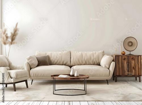 Beige modern interior of living room with beige sofa