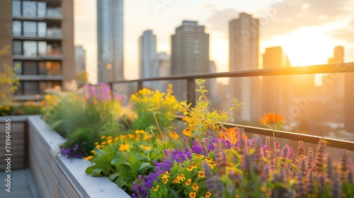 A beautiful rooftop garden with a view of the city skyline. photo