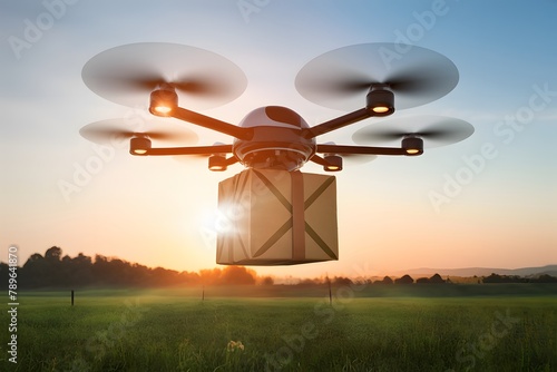 UAV quadcopter drone depicted delivering package as unmanned aircraft system