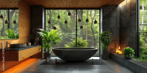  A large dark stone bathtub sits in the center of an open plan bathroom with rustic wood accents. Created with Ai