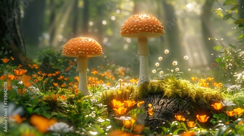 Two mushrooms sprouting in a forest, amidst grass and foliage