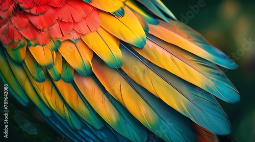 Colorful parrot feathers close up. Bright colors of nature. Tropical bird plumage. Scarlet macaw feathers. Green, yellow, blue and red colors. photo