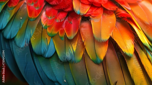 A closeup of a colorful parrot's feathers. The feathers are bright red, orange, yellow, green, and blue.