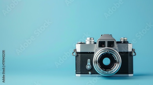 A vintage camera with a blue background. The camera is in the center of the image and is in focus. photo
