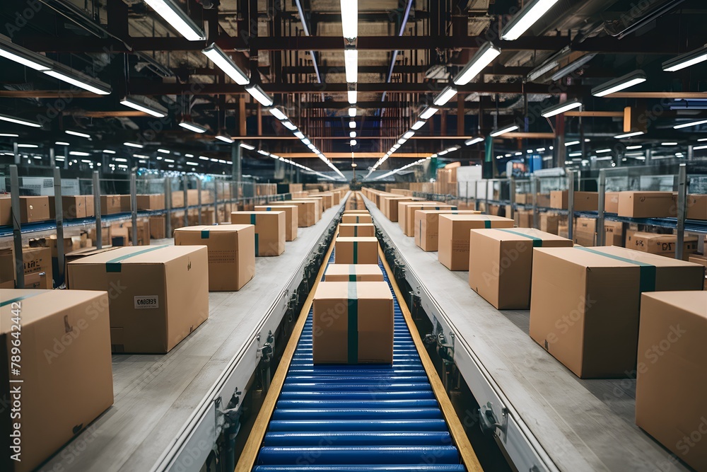 Fototapeta premium view Cardboard box packages moving along conveyor belt in fulfillment center