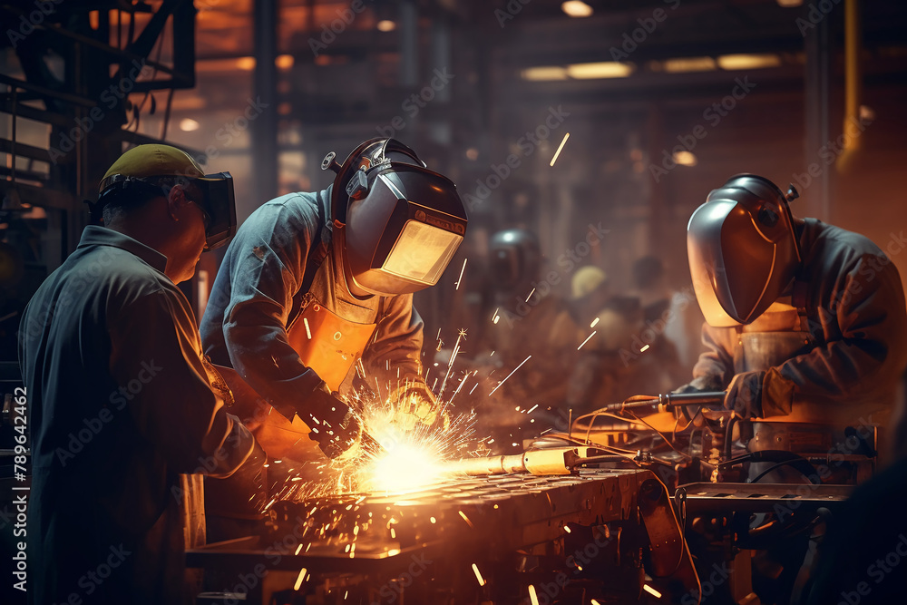 Engineers observing robotic welding arm in action in an industrial setting, sparks flying, focus on machine precision Engineers observing robotic welding arm in action in an industrial setting, sparks flying, focus on machine precision