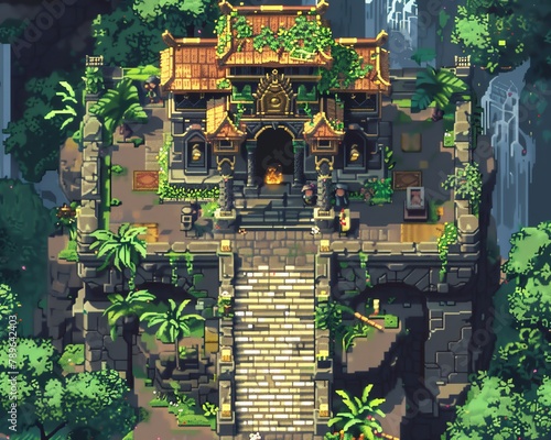 Pixel art ancient temple, explorers, traps, and treasures