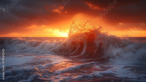 Sunset at sea with waves crashing, painting the sky in a mesmerizing afterglow photo
