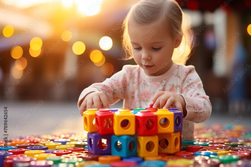 High definition close-up of young boy playing with vibrant colorful plastic constructor blocks High definition close-up of young boy playing with vibrant colorful plastic constructor blocks