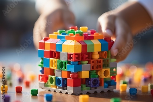 High definition close up hand of boy playing with colorful plastic constructor blocks