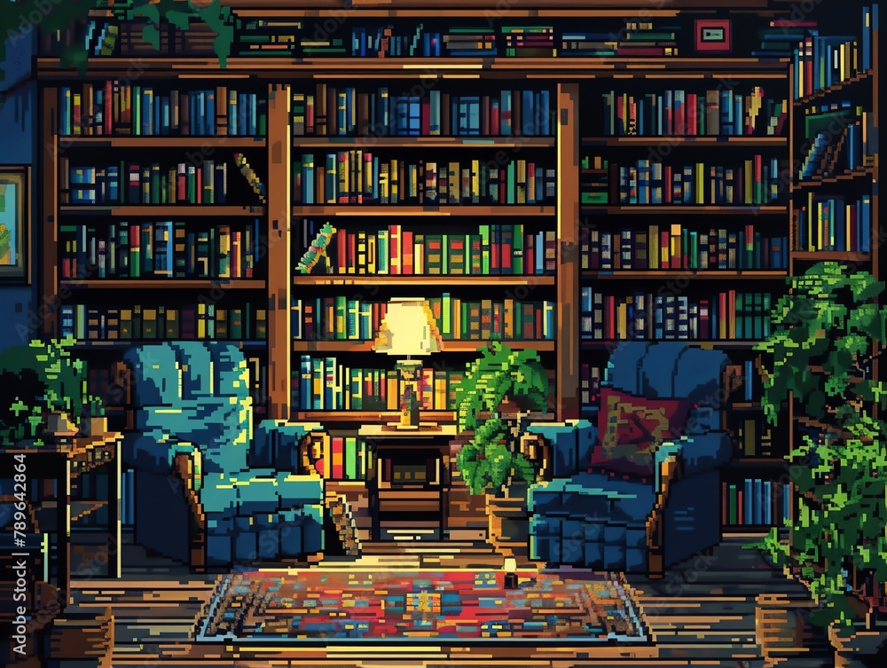 Pixel art library reading scene, readers, books, and cozy chairs