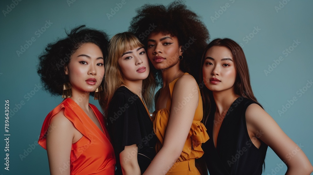 Fototapeta premium Stunning Women in Evening Gowns Posing Together, group of Fashion model