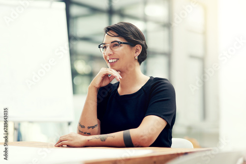 Woman, office and thinking with smile for idea in meeting for startup company at desk with vision. Happy, hustle and painter in workplace with creative in Norway with talent and canvas with skill