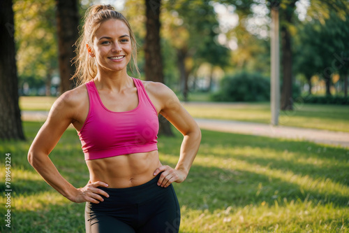A happy and emotionally joyful woman in a pink sports top and black tight-fitting leggings shows her abs close-up on a blurred background of the green lawn of the park