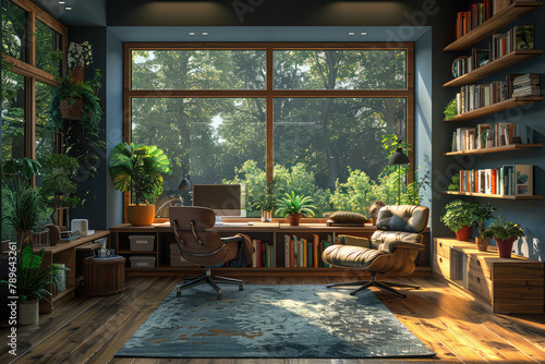 An home office with large windows overlooking the forest  featuring wooden furniture and bookshelves filled with plants. Created with Ai